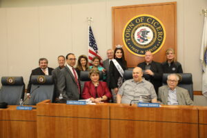 Senorita Miss Cicero Natalie Baeza poses with Town President larry Dominick and officials of the Town of Cicero at the board meeting March 28, 2023