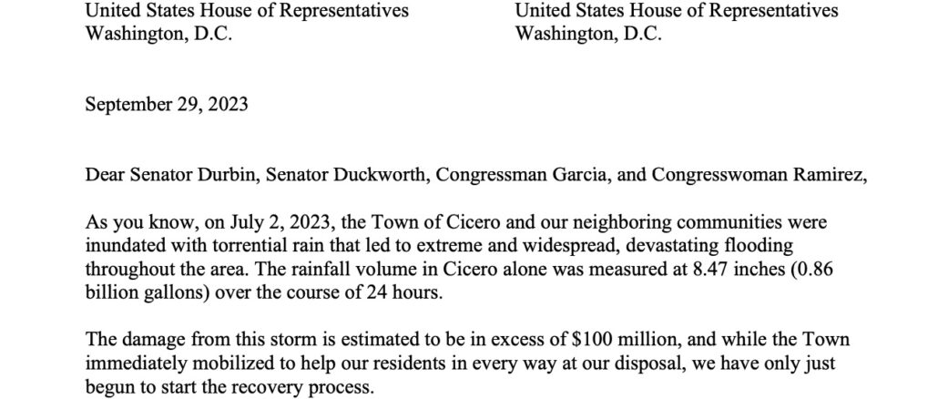 Letter from President Dominick on potential harm government shutdown will have on Cicero residents