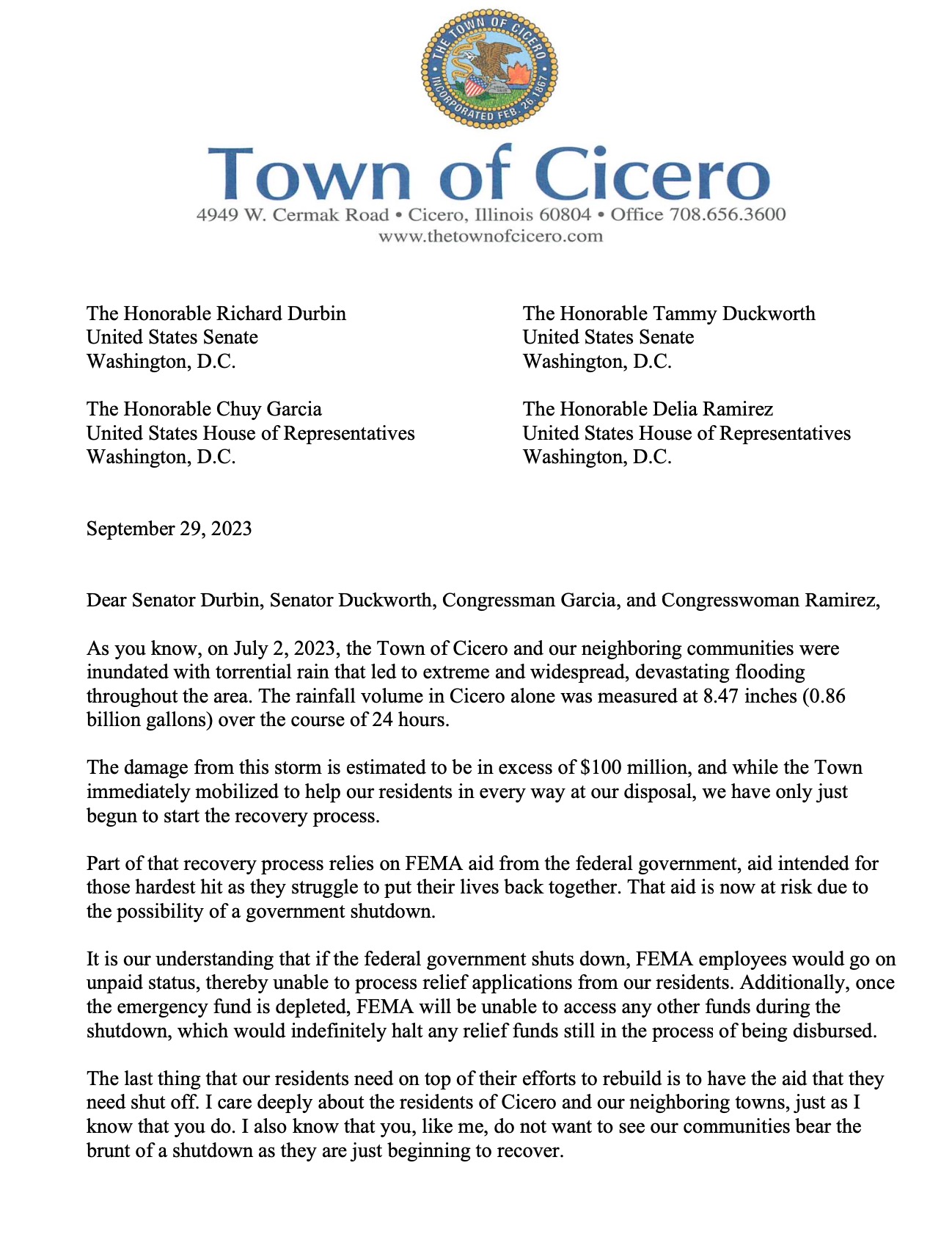 Letter from President Dominick on potential harm government shutdown will have on Cicero residents
